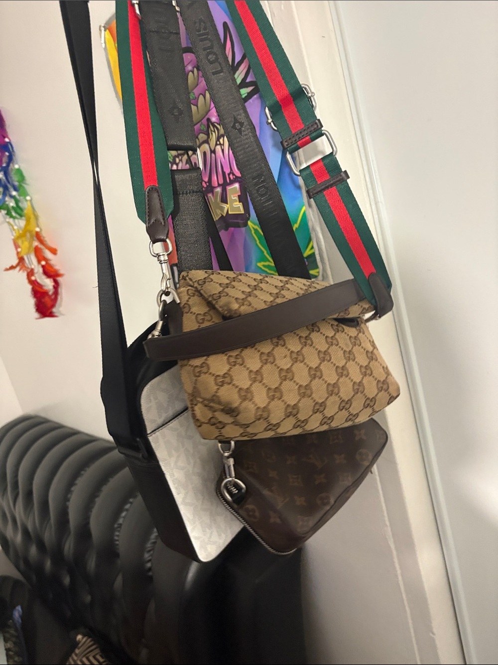 Gucci Beige Brown GG Canvas Crossbody with Green-Red Web Strap